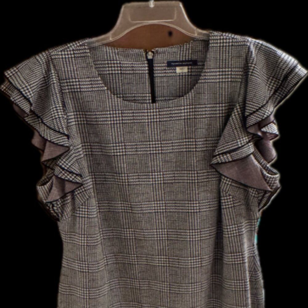 Tommy Hilfiger Glen Plaid Flutter Sleeve Sheath Dress. Black & White w/ Burgundy